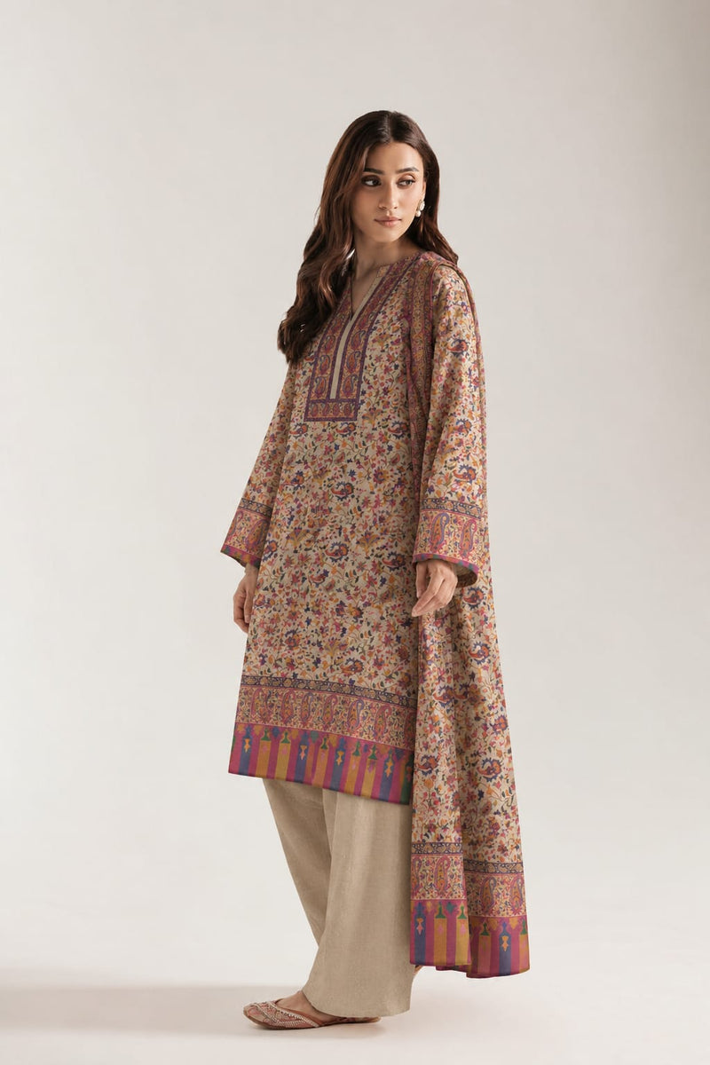 Kalamkari Pashmina 3-piece Unstitched Suit - Royal Beige