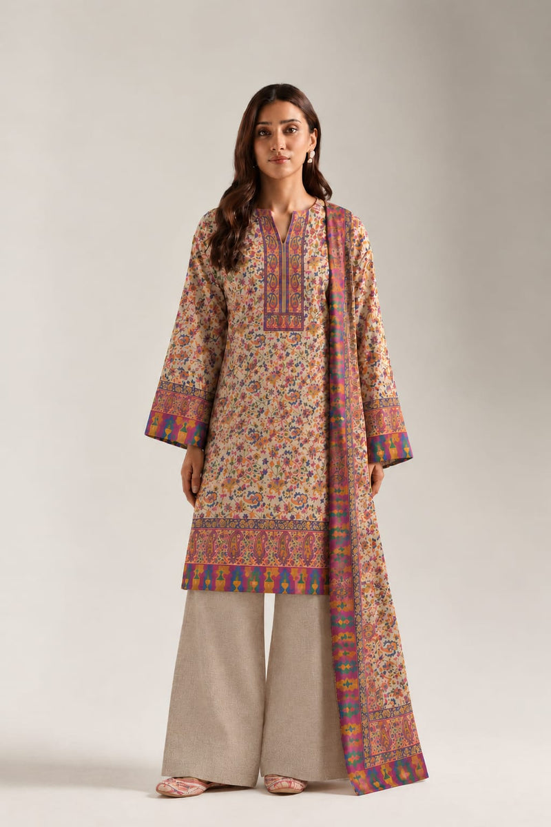 Kalamkari Pashmina 3-piece Unstitched Suit - Royal Beige