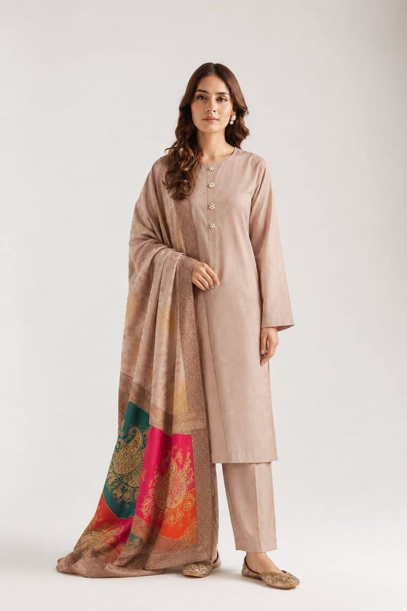 Royal Paisley 3-piece Unstitched Suit - Beige