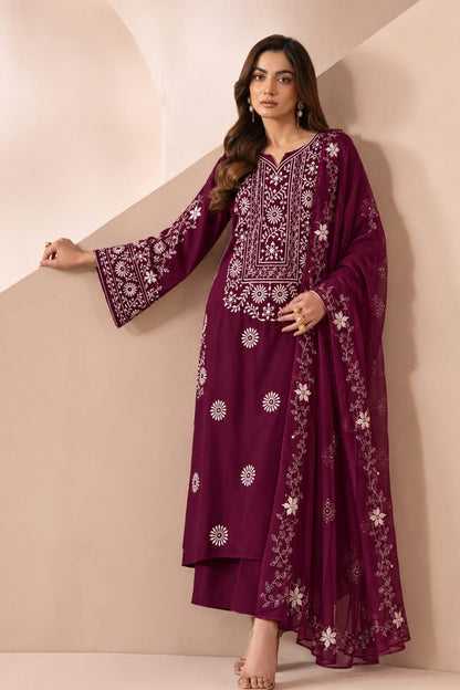 Maroon Embroidered 2 Piece Kameez & Dupatta