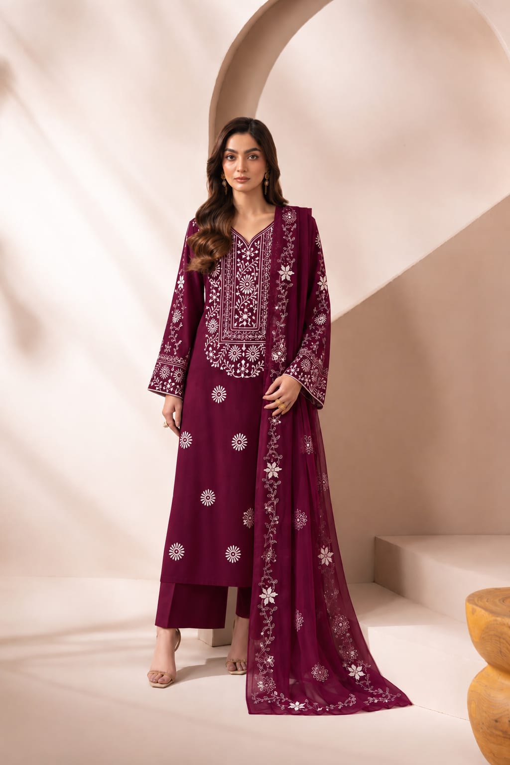 Maroon Embroidered 2 Piece Kameez & Dupatta