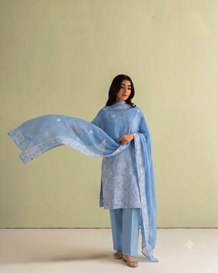 Luxe Femme –Chiffon Chikankari Embroidered 2-Piece Suit | Sky Blue
