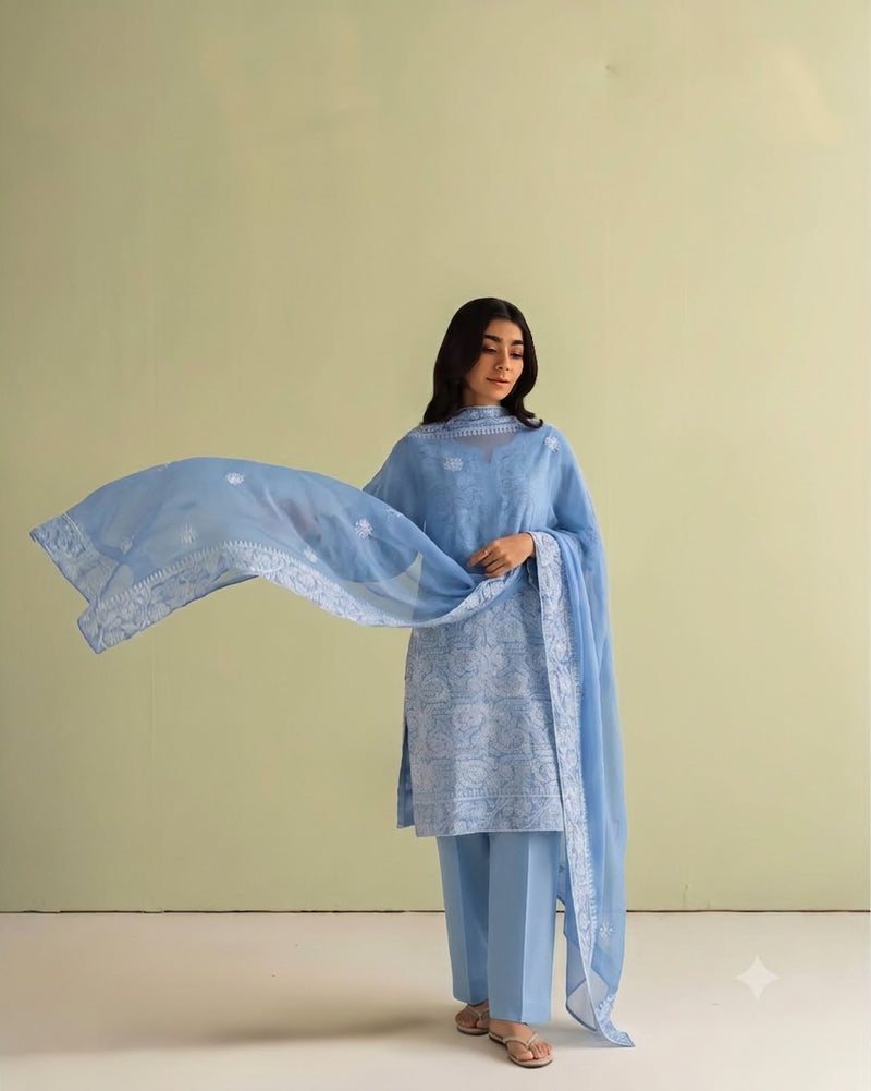 Luxe Femme –Chiffon Chikankari Embroidered 2-Piece Suit | Sky Blue