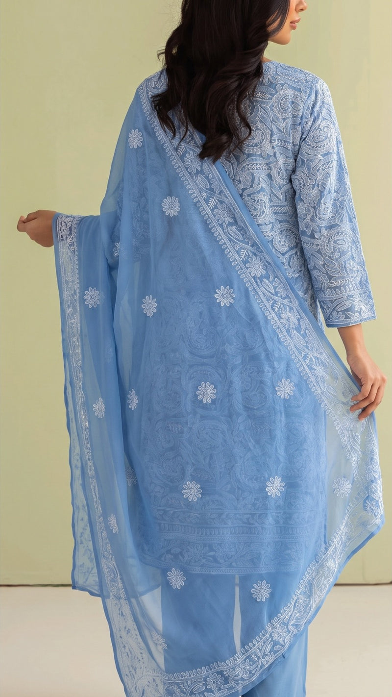Luxe Femme –Chiffon Chikankari Embroidered 2-Piece Suit | Sky Blue
