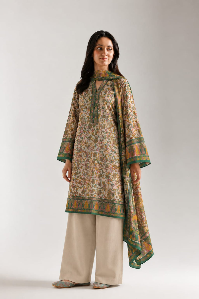 Kalamkari Pashmina 3-piece Unstitched Suit - Emerald Green