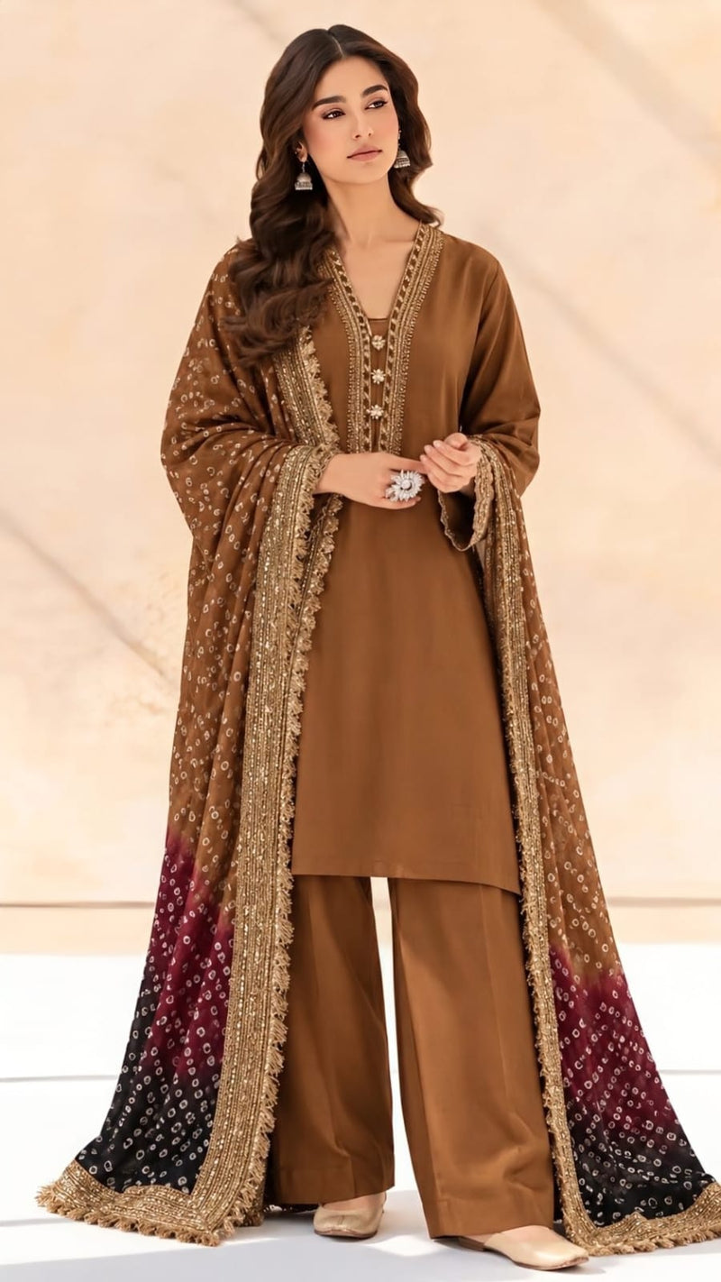Royal Silk Chunri 3-piece Unstitched Suit - Brown