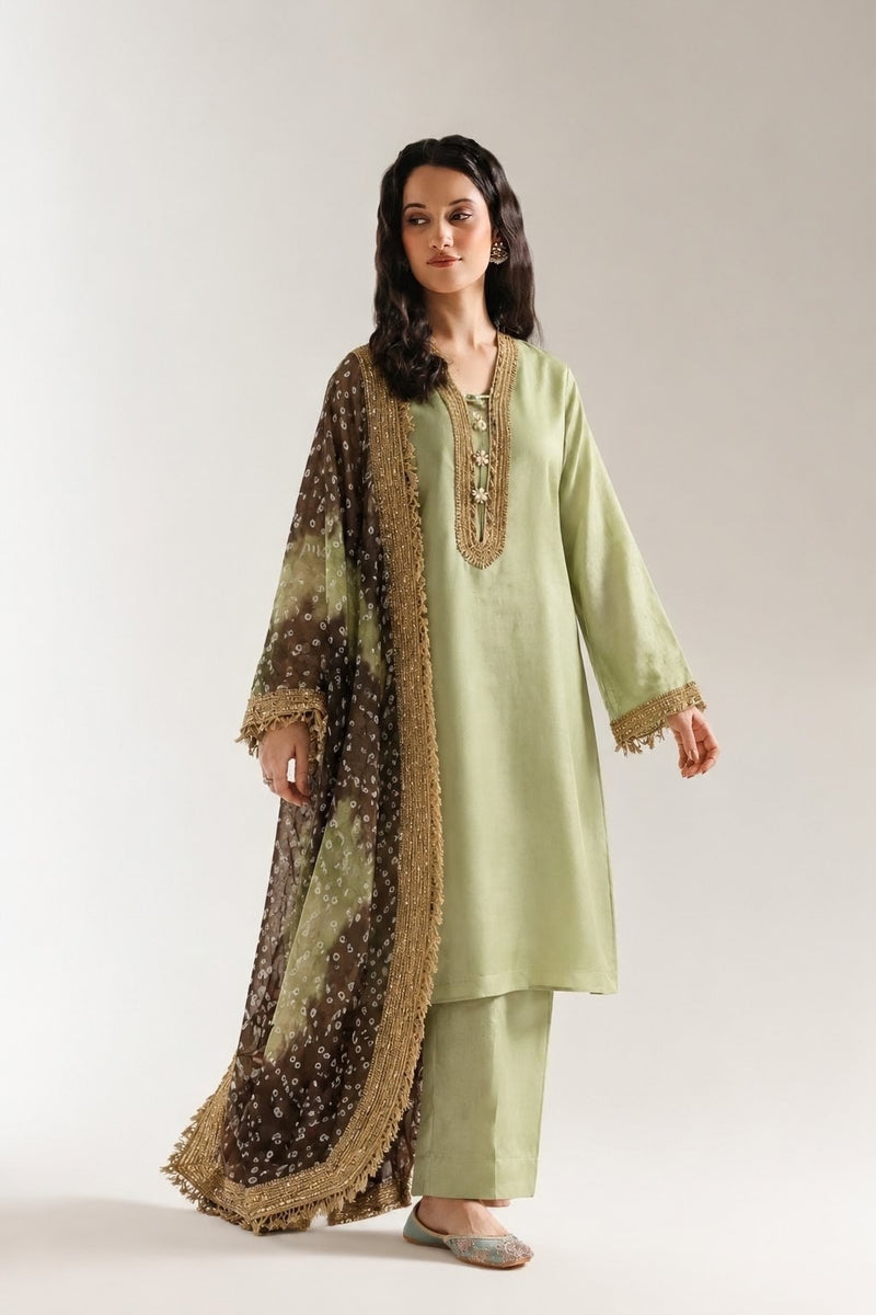Royal Silk Chunri 3-piece Unstitched Suit - Olive Green