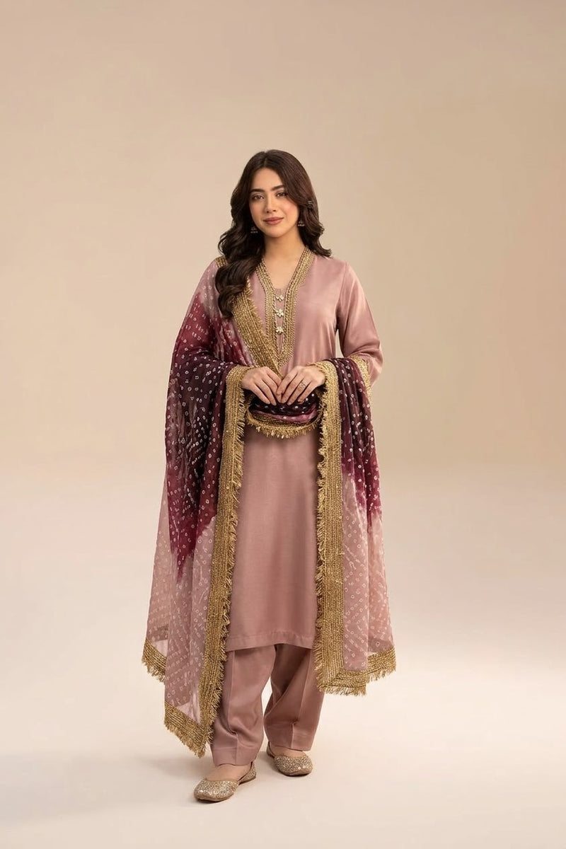 Royal Silk Chunri 3-piece Unstitched Suit - Rose Pink