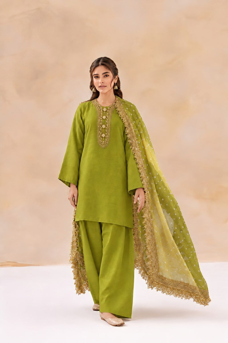 Royal Silk Chunri 3-piece Unstitched Suit - Dhani Green