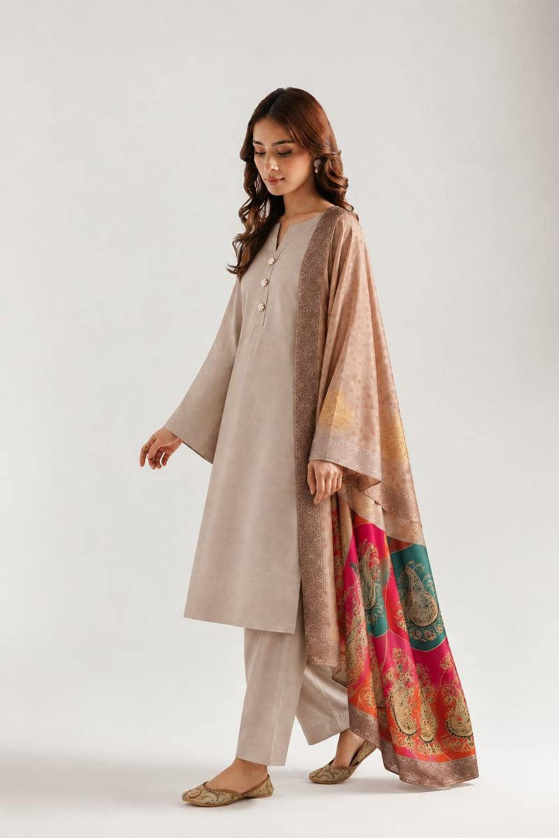 Royal Paisley 3-piece Unstitched Suit - Beige