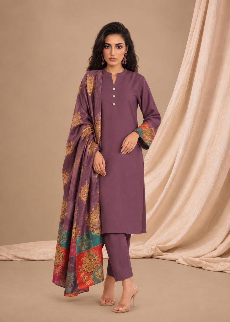 Royal Paisley 3-piece Unstitched Suit - Mauve