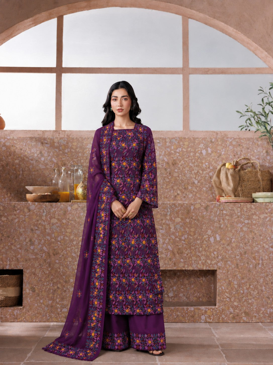 Printed Embroidered 2-Piece Suit – Plum Purple