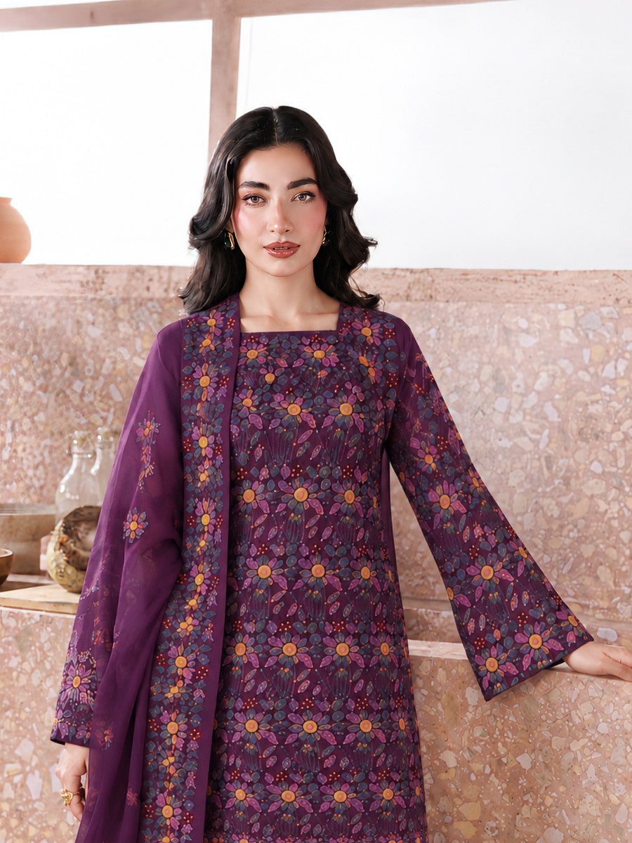 Printed Embroidered 2-Piece Suit – Plum Purple
