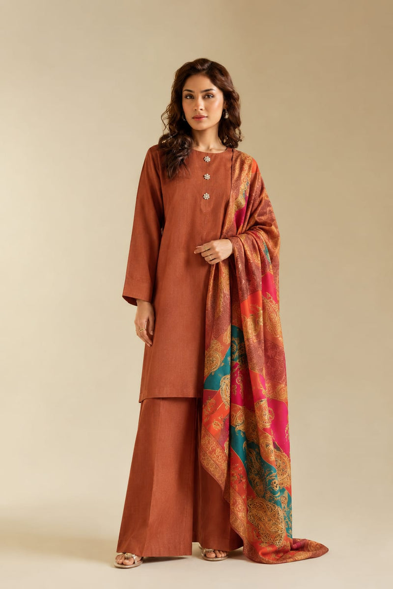 Royal Paisley 3-piece Unstitched Suit - Rust