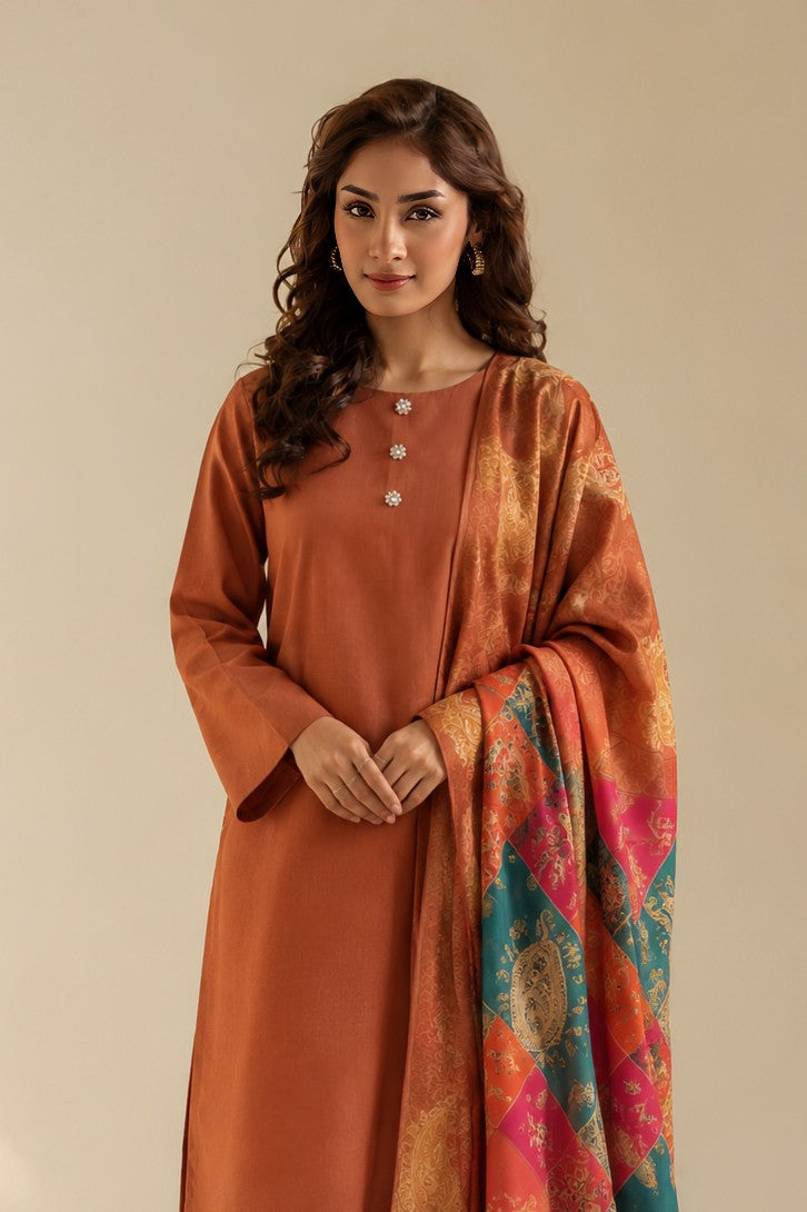 Royal Paisley 3-piece Unstitched Suit - Rust