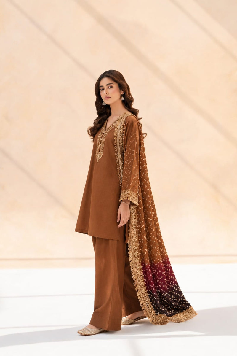 Royal Silk Chunri 3-piece Unstitched Suit - Brown