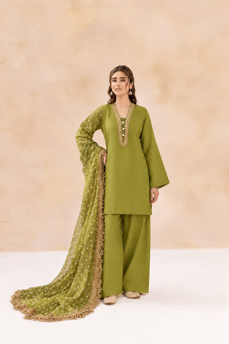 Royal Silk Chunri 3-piece Unstitched Suit - Dhani Green