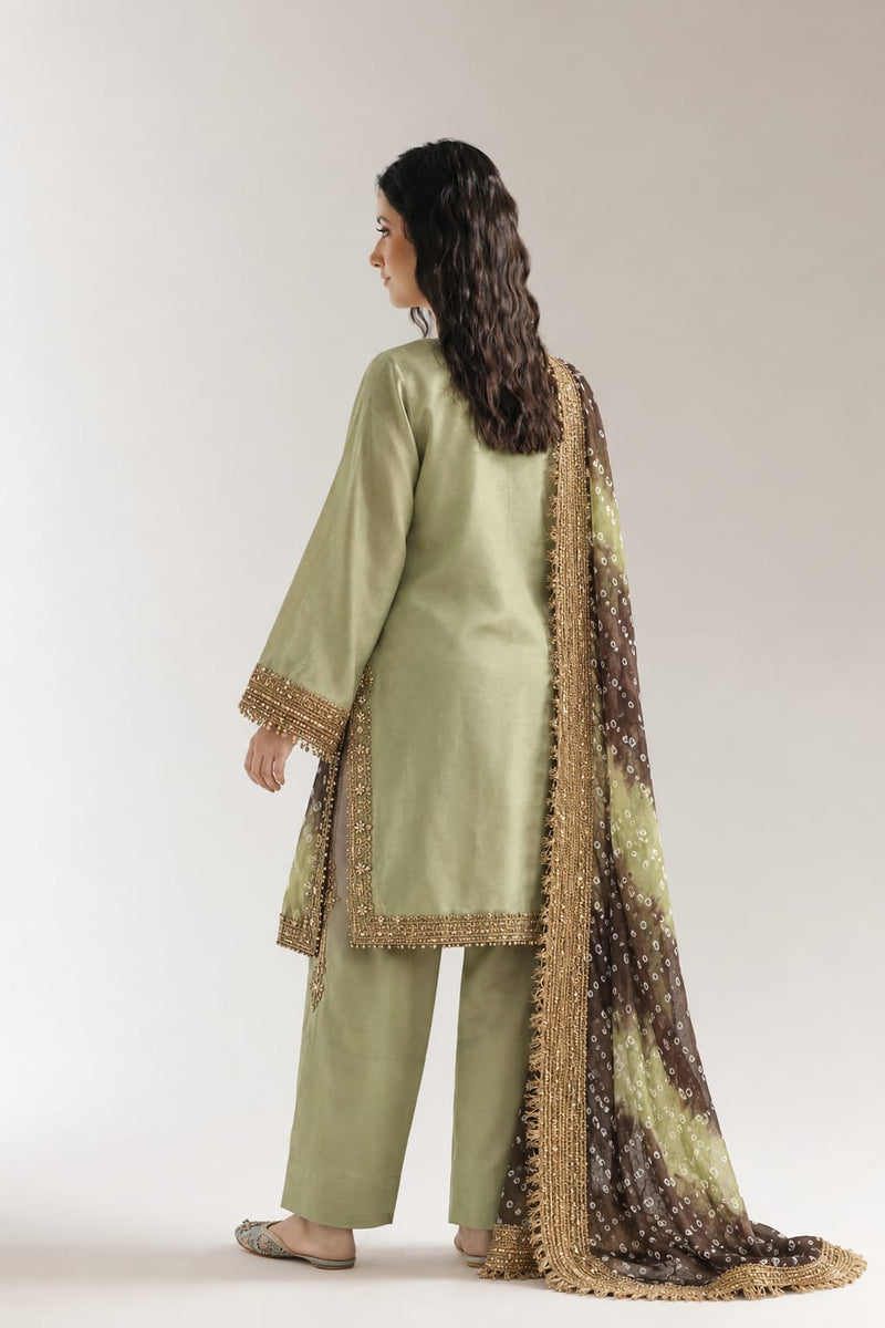 Royal Silk Chunri 3-piece Unstitched Suit - Olive Green