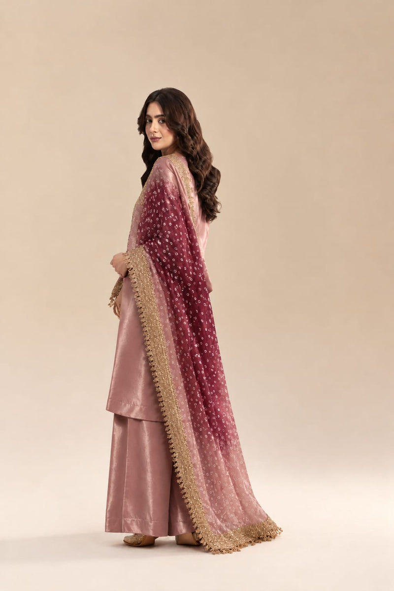 Royal Silk Chunri 3-piece Unstitched Suit - Rose Pink